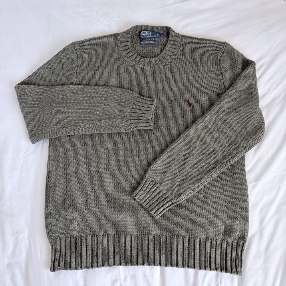 Polo Ralph Lauren Men L Green Shaker Knit Cotton Crewneck Sweater Purple Pony